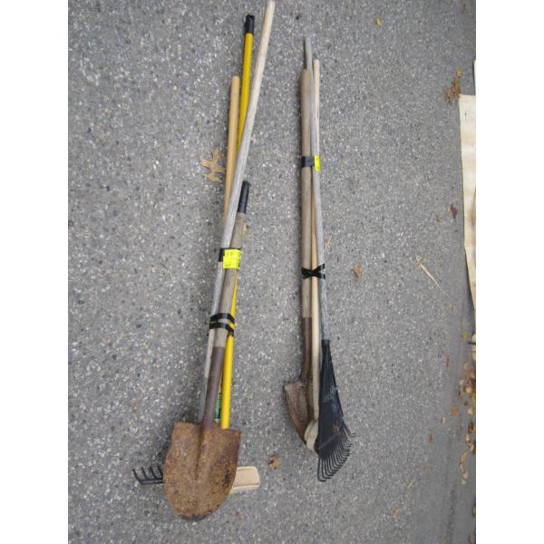2 BUNDLES OF ASST. SHOVELS, RAKES, BRUSHES, ETC.