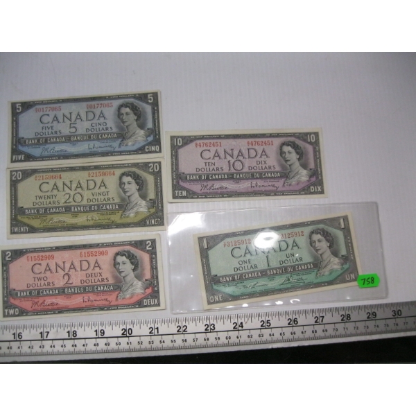 SET OF 5 CDN BANK NOTES FROM 1954, $1,$2,$5,$10,$20
