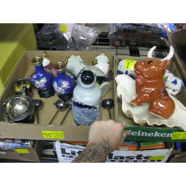 2 BOXES OF MISC. CLOISONNE VASES, CERAMIC FIGURINES, ETC.