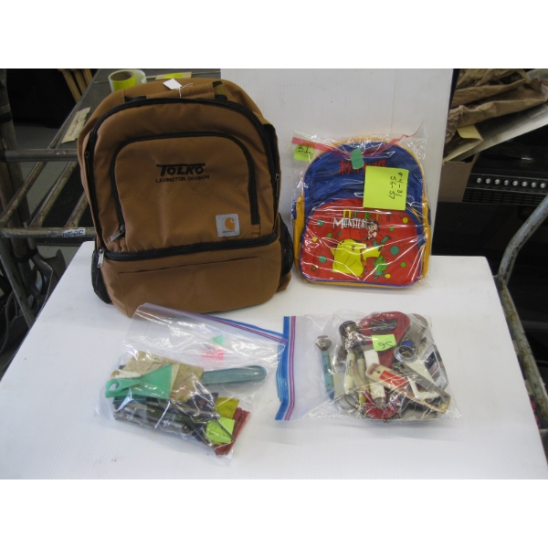 CARHARTT BACKPACK, POKEMON BACKPACK, VINTAGE BOTTLE OPENERS, WINDOW SCRAPERS & TIRE GAUGES