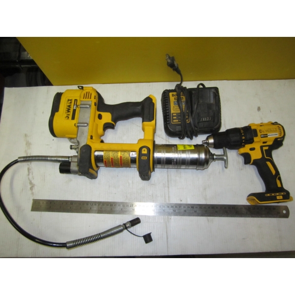 DEWALT CORDLESS GREASE GUN & A CORDLESS DRILL & CHARGER - NO BATTERIES