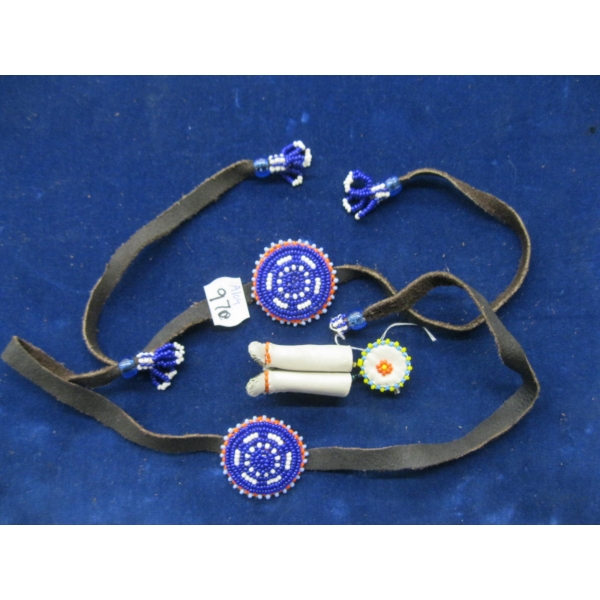 2 BEADED & LEATHER STRAPS W/TASSLES & PAIR OF SM. BEADED MOCCASINS