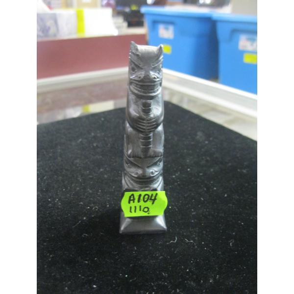 4" ARGILITE TOTEM POLE, SIGNED