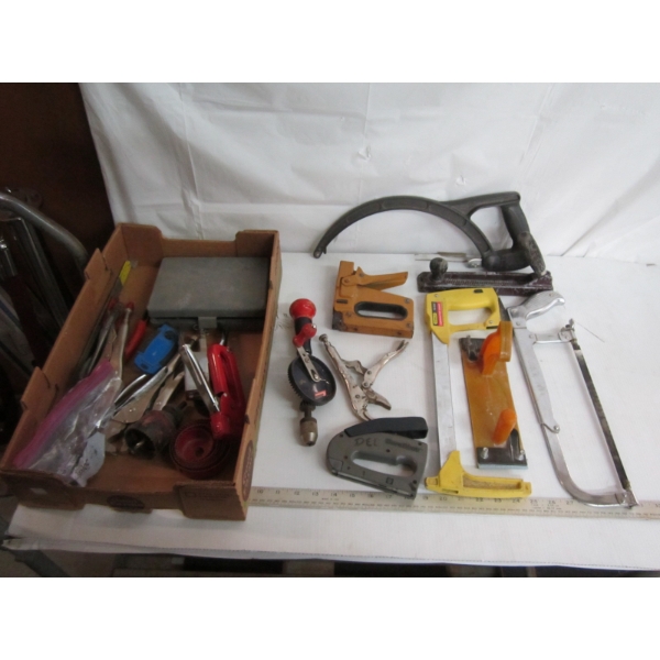 FLAT OF ASST. TOOLS - STAPLERS, HACKSAWS, VISE GRIPS, ETC.