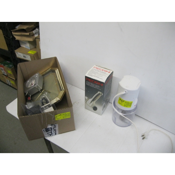 BOX OF MISC. CLOCK RADIO CLOCKS, SM. FOOD PROCESSOR, ETC.