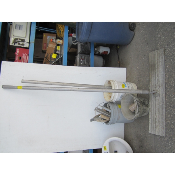3 BUCKETS OF CONCRETE TOOLS, LG. TROWEL W/EXTENSION POLE