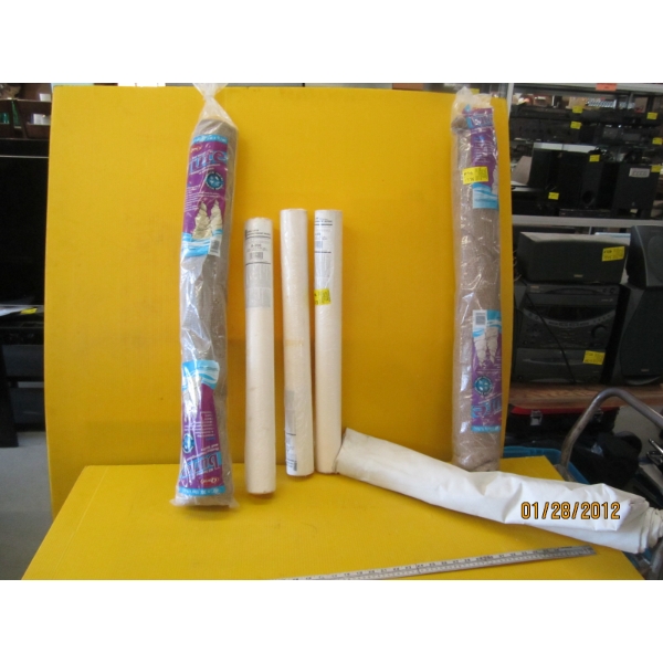 2 ROLLS OF ALL PURPOSE BURLAP, 3 ROLLS OF WALL LINER & ROLL OF WHITE FABRIC