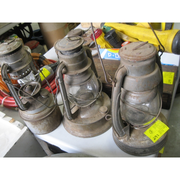 3 OIL LANTERNS - 1 MISSING GLASS