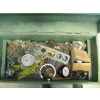 Image 2 : GREEN WOODEN BOX ON CASTORS W/MISC. INSIDE: GAUGES, FITTINGS, SPOTLIGHT, ETC.