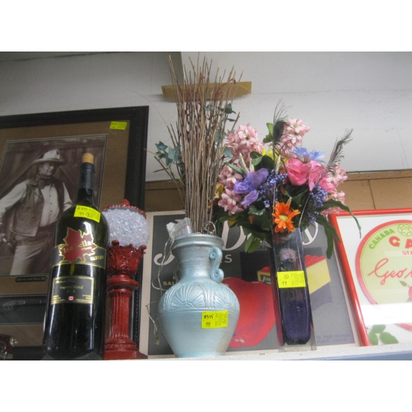 2 VASES, DECORATIVE LIGHT & LG. BOTTLE