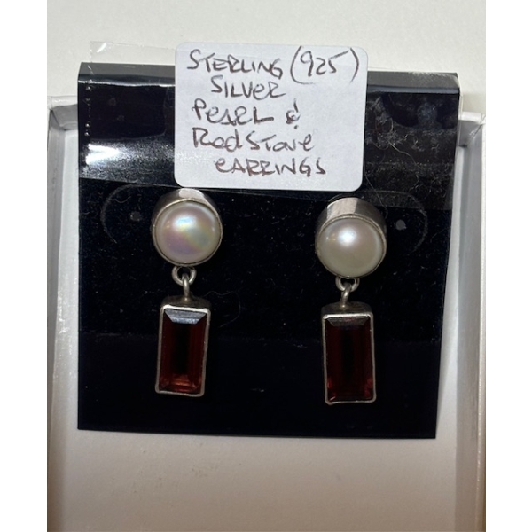 STERLING .925 SILVER PEARL & RED STONE EARRINGS