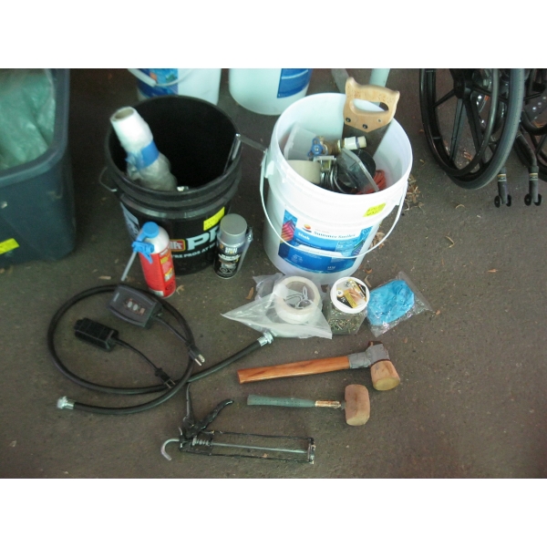 2 BUCKETS OF MISC. SCREWS, CAULKING GUN, HARDWARE, ETC.