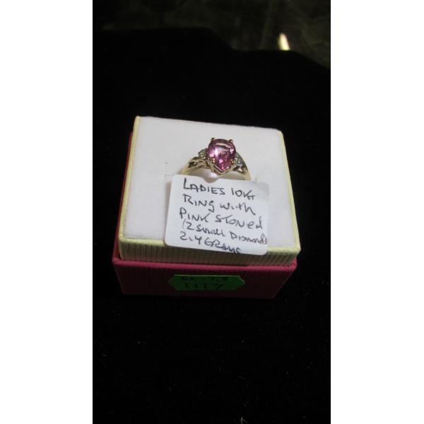 LADIES 10KT RING W/PINK STONE & 2 SMALL DIAMONDS, 2.4G, SZ 7.5