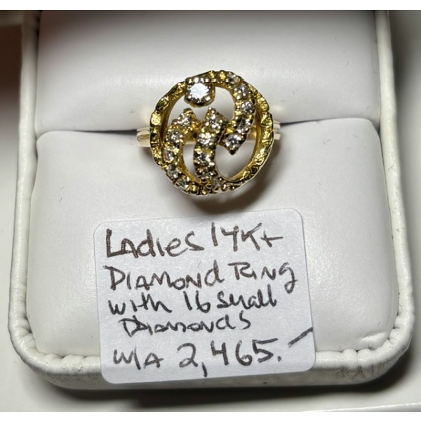 LADIES 14KT DIAMOND RING W/16 SM. DIAMONDS, W/A $2,465, SZ 4 1/2