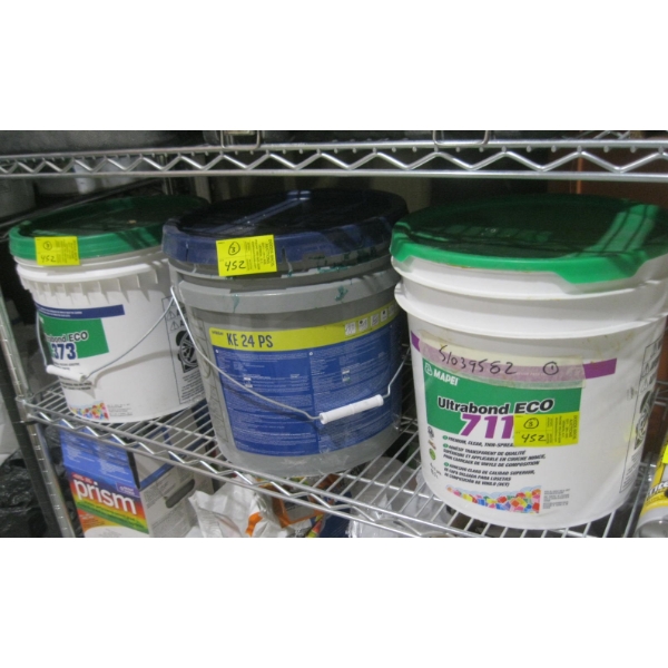 3 PAILS OF ADHESIVE, 1 NEW PAIL OF ULTRA BOND ECO 373