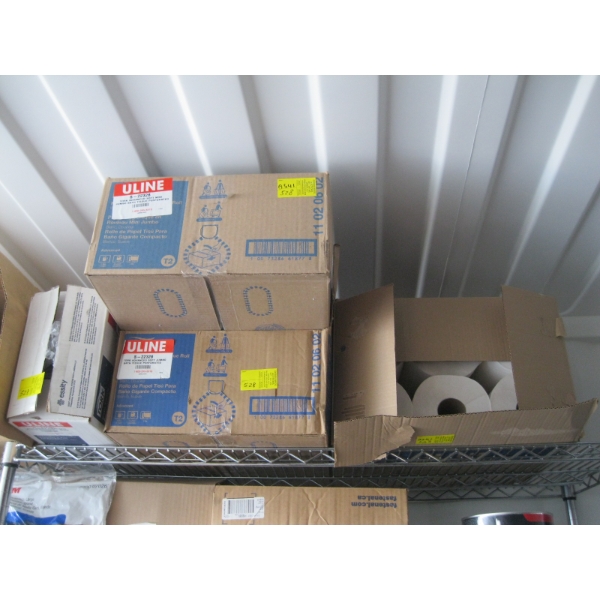 TORQUE DOUBLE JUMBO PLASTIC DISPENSER & 3 BOXES OF JUMBO BATH TISSUE & ULINE ROLL TOWELS