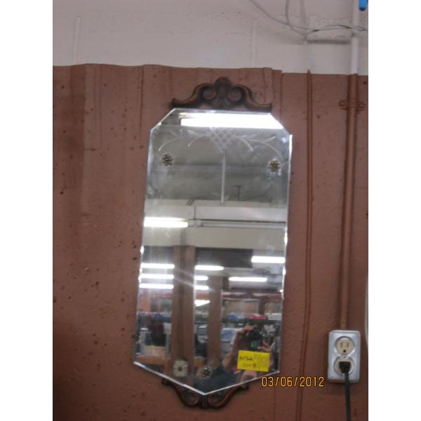 ANTIQUE ETCHED MIRROR W/WOOD TRIM APX. 2FT 4" X 1FT