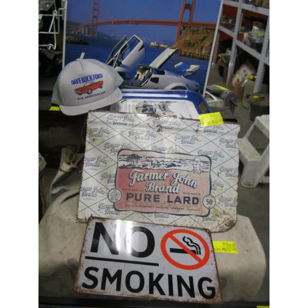 NO SMOKING SIGN, LARD TIN FLATTENED, HAT & FORD TRAY