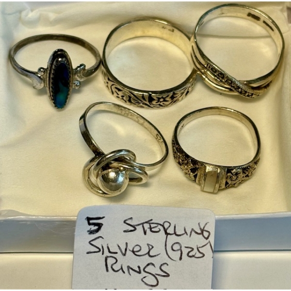 5 STERLING RINGS .925 RINGS, SZ 4-8