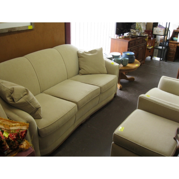NICELY UPHOLSTERED 1940s SOFA, CHAIR & MATCHING OTTOMAN