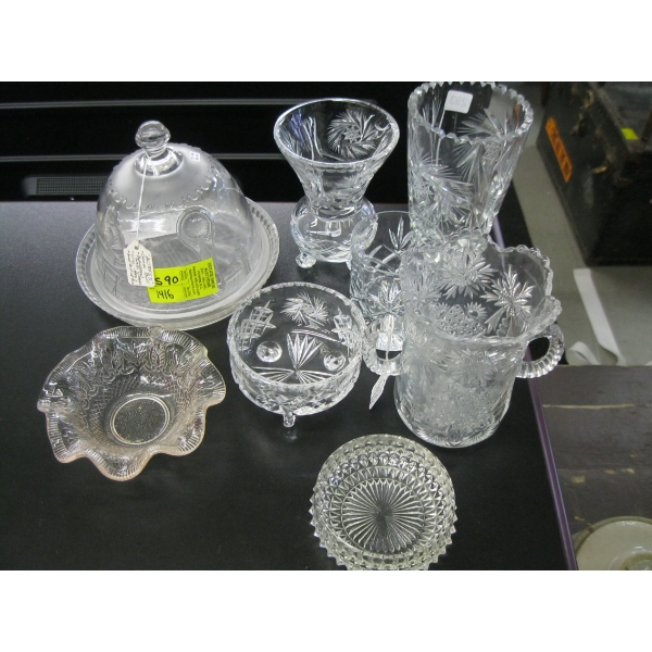 VINTAGE GLASSWARE - LIDDED DISH, FOOTED DISHES, VASES, ETC.