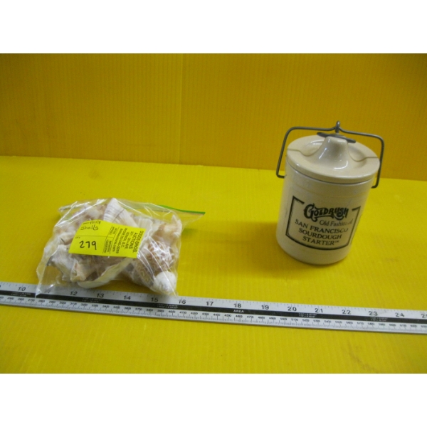 BAG OF SHELLS & A SM. GOLD RUSH LIDDED CROCK
