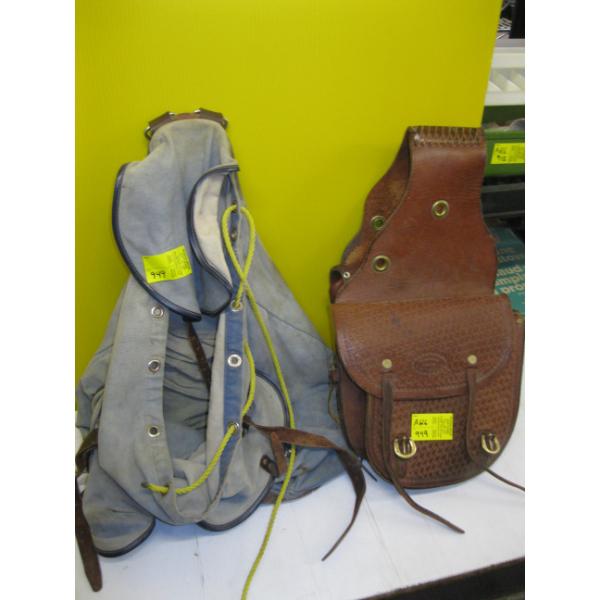 PAIR OF LEATHER SADDLEBAGS & A CANVAS BACKPACK