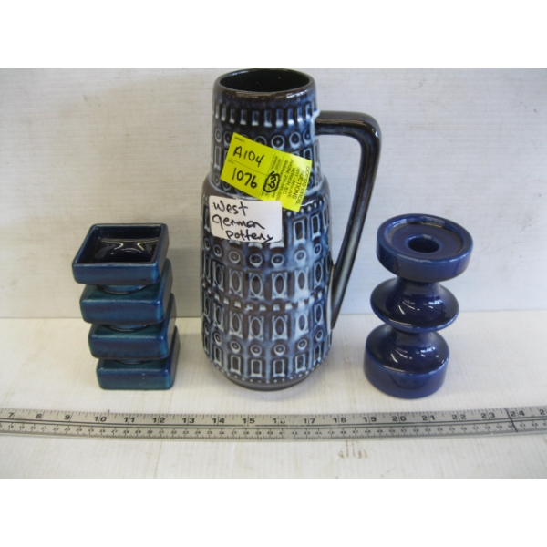 WEST GERMAN POTTERY - VASE, JUG & CANDLESTICK HOLDER