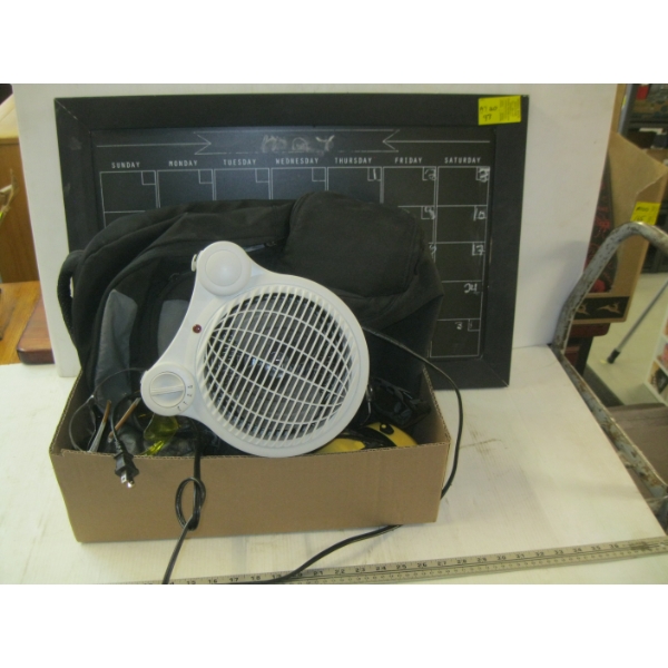 BLACK CHALKBOARD, DAY PLANNER & BOX OF FANS, EARMUFFS, ETC.