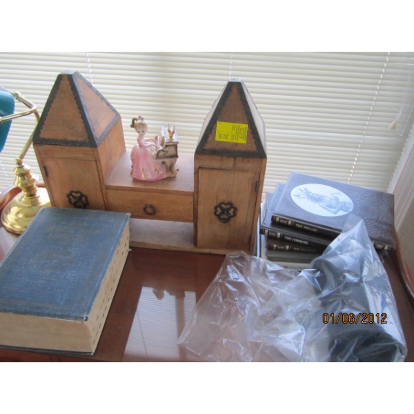 DECORATIVE WOODEN TABLE TOP CABINET, FIGURINE, DICTIONARY, BOOKS, ETC.