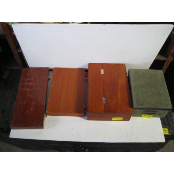 3 WOODEN BOXES & A STORAGE BOX