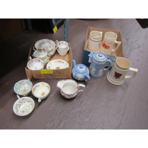 2 BOXES OF ASST. CHINA, BEER STEINS, TEAPOTS, ETC.