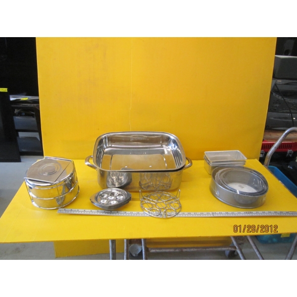 LG. STAINLESS ROASTING PAN & MISC. PANS