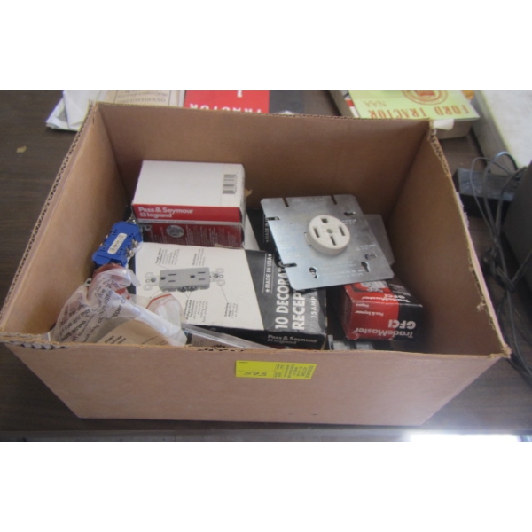 BOX OF MISC. - NEW ELECTRICAL SWITCHES, BREAKERS, ETC.