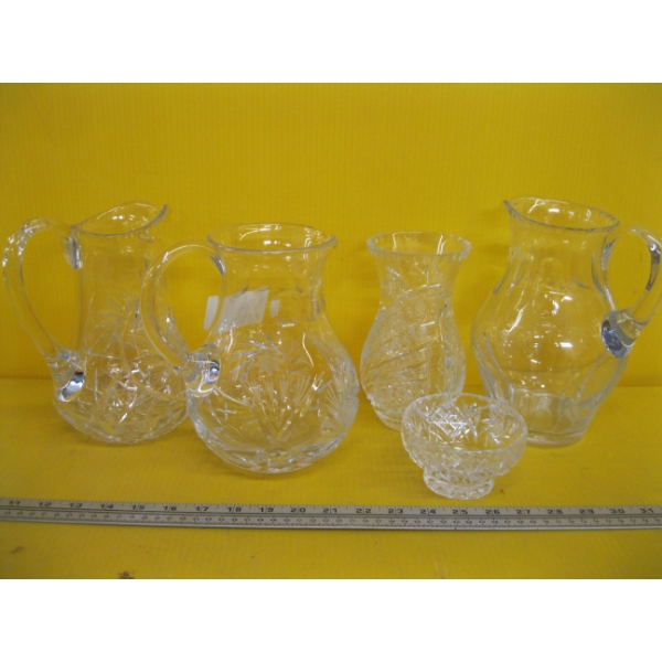 ASST. CRYSTAL WATER PITCHERS, VASES, ETC.