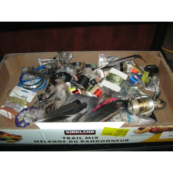 BOX OF FLY TYING ACCESS. & A SPINNING REEL