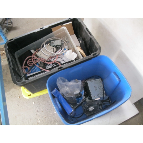 2 BINS OF MISC. SURVEILLANCE EQUIPMENT, CAR STEREOS, ETC.