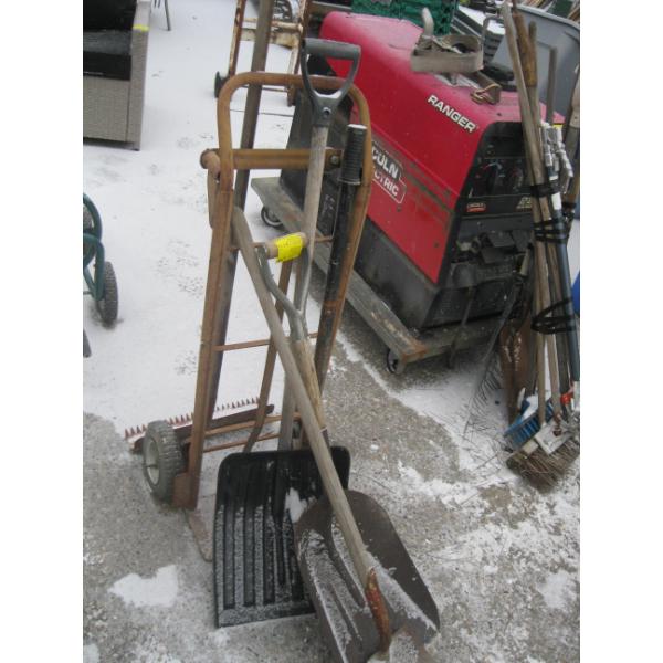 SHOVELS, 2 WHEEL CART, ETC.