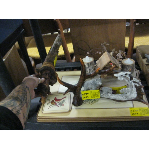 MISC. CARVED WOODEN WALL HANGING, WOODEN CABIN W/CANDLES, ETC.