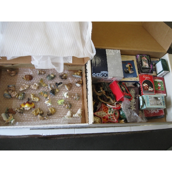 2 BOXES OF MISC. CHRISTMAS ORNAMENTS, WADE FIGURINES