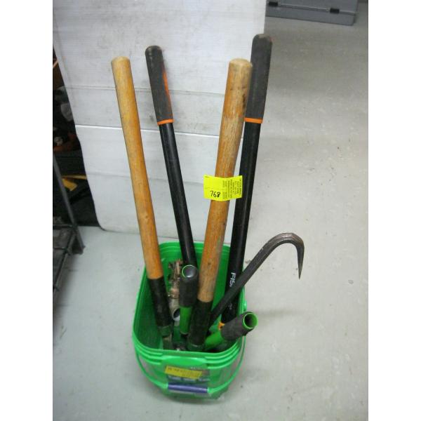 BUCKET OF PRUNERS, WEED WACKER, SPRINKLER