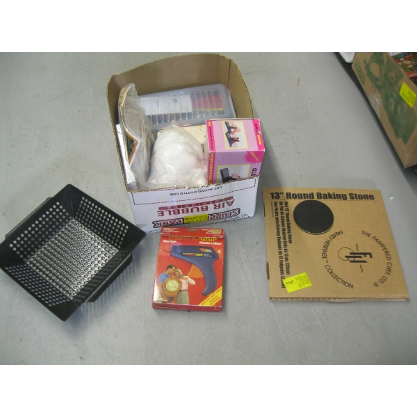 BOX OF MISC. - BAKING STONE, GLUE GUN, ETC.