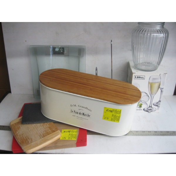 MISC. LIDDED CANNISTER, WINEGLASSES, CUTTING BOARD, ETC.