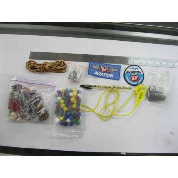 BAG OF MISC. MARBLES, BEADS, LANYARD, ETC.