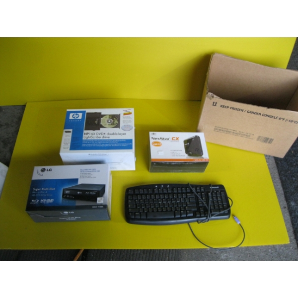 BOX OF NEW COMPUTER ITEMS - KEYBOARD, DVD ROM DRIVE, DVD WRITER, BLUERAY PLAYER, ETC.