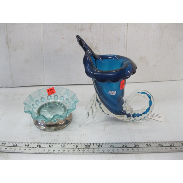 COBALT BLUE HORN OF PLENTY & SM. GLASS W/SILVER BASE DISH