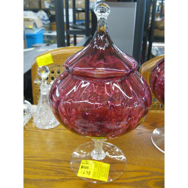 VINTAGE CRANBERRY GLASS LIDDED DISH
