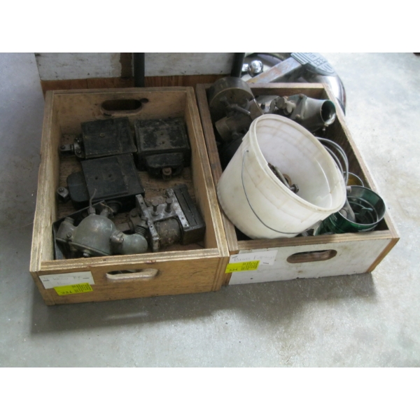 2 BOXES OF MISC: MAGNETOS, BRASS FITTINGS, ETC.
