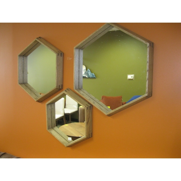 3 PIECE WOOD FRAMED HEXAGON MIRROR SET
