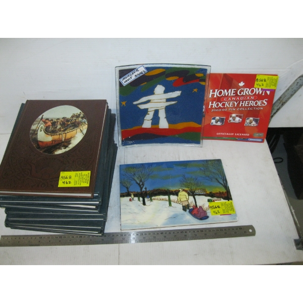 MISC. INUKSHUK SIGNED PLATE, PIN COLLECTION & BOOKS